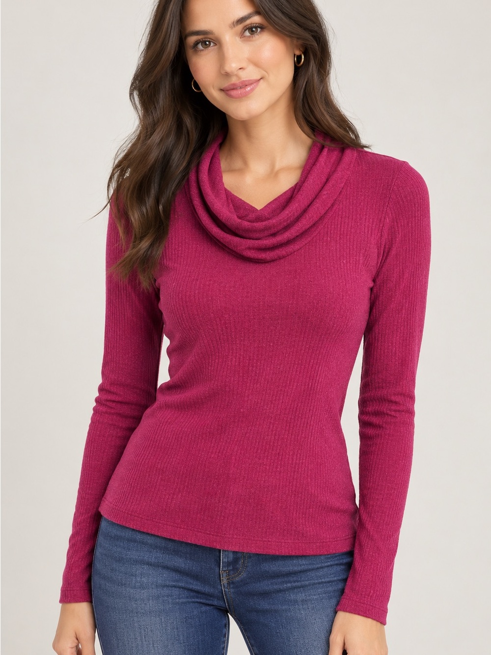 Banana Republic Fuchsia Draped Cowl Neck Ribbed Knit Top Fall Quiet Luxury cozy